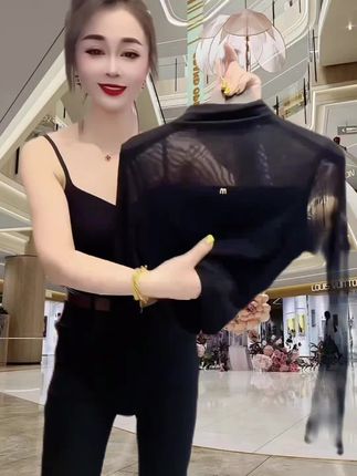 网红时尚半高领黑色网纱长袖打底衫洋气修身显瘦女士长袖打底衫#显瘦穿搭 #打底衫 #洋气穿搭 #打底衫 #早秋穿搭