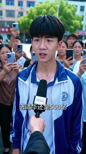 生成一个视频:一个初中生,被谋体访问,旁边还有一堆人看戏,还有一个老太太在旁边哭着脸,谋体问道:“选清华还是500亿?”初中生大声、激动地回答:“500亿!”那个老太太来到初中生旁边,哭诉着说:“上清华啊!上清华啊!上清华啊!”眼里流出两行泪水,视频时间10秒