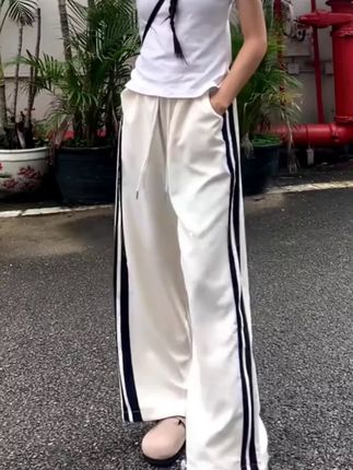 2025新款杏色女款爆款高品质休闲侧条纹速干裤高腰宽松两穿阔腿裤#阔腿裤 #条纹裤 #速干裤 #高腰显瘦 #2025新款