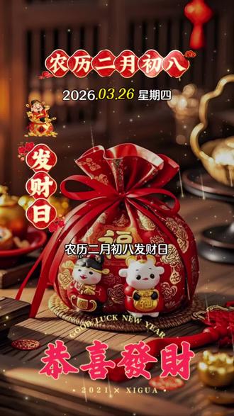 今天是农历二月初八发财日,恭喜发财发发发,一个财神跟着你,一路平安围绕你,一声问候祝福你,一生顺利围绕你,一生健康陪伴你,一世好运追随你,一生一世祝福你,一辈子幸福拥抱你,祝大家在新的一年里,事顺 心顺 工作顺,财源滚滚来#农历二月初八 #发财日 #恭喜大家发发发