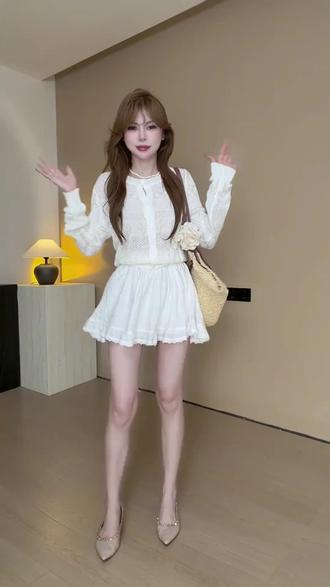 MARIE.COCO清冷微透防晒针织开衫初恋感蓬蓬蕾丝小白裙两件套装女#穿搭推荐#穿搭技巧#穿搭#显瘦穿搭#穿搭日记
