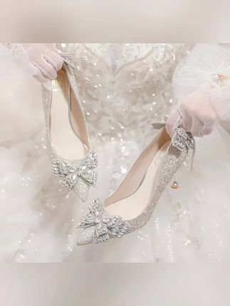 #法式银色婚鞋 #新娘鞋 主婚纱公主订婚水晶鞋蝴蝶结气质高跟鞋女细跟#女鞋 #好鞋推荐