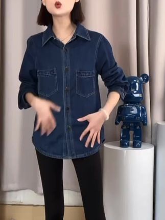 【小个子短款】深蓝色软牛仔衬衫女秋季内搭叠穿衬衣法式复古上衣#小个子穿搭 #牛仔衬衫 #复古上衣 #秋季穿搭 #穿出自信穿出美丽