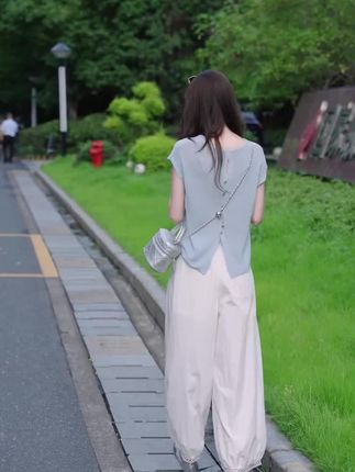 休闲风减龄小众设计感短袖洋气法式通勤时尚套装阔腿裤裤子两件套#夏季新款 @上热门🔥🔥🔥 @DOU+上热门