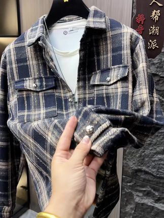 #秋季新品上新 #时尚潮男穿搭 #男士刺绣经典格子衬衫外套