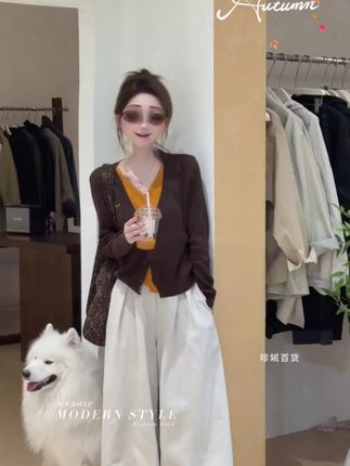 秋季新款减龄时尚套装女撞色假两件针织上衣显瘦阔腿裤百搭两件套#高级感穿搭#气质穿搭#气质这一块拿捏死死的 #早秋穿搭 #初秋一周不重样穿搭