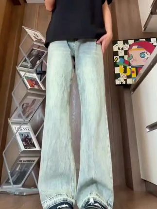 复古蓝猫爪痕水洗牛仔裤男款美式cleanfit显瘦裤子修身直筒微喇裤#牛仔裤#ootd穿搭#谁穿谁好看#穿出自己的风格#显高显瘦显腿长
