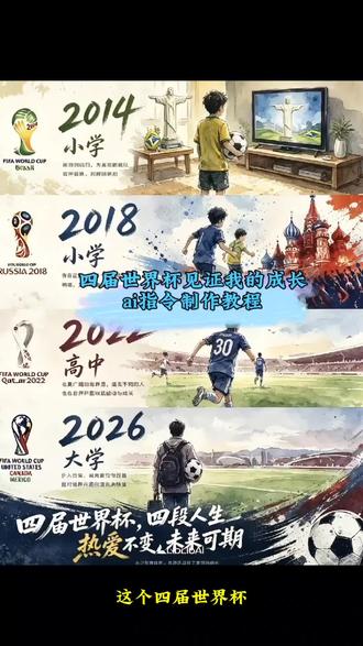 四届世界杯故事ai指令教程 青春不过几届世界杯 #2026美加墨世界杯 四届世界杯,四段人生。热爱不变,未来可期。#小云雀AI #小云雀AI一键图片设计 四届世界杯故事 四届世界杯见证我的成长ai制作教程