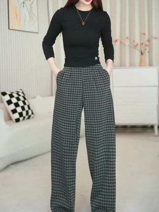 2025秋季新款复古格子裤女半松紧垂感宽松百搭显瘦经典西装阔腿裤#时尚穿搭时尚穿搭时尚 #穿搭女装 #显高显瘦显腿长 #面料舒适 #显高显瘦