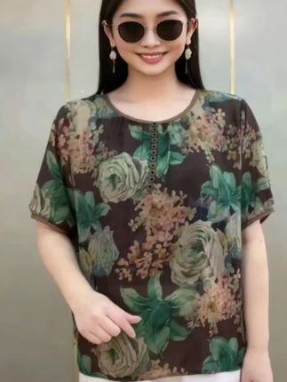中年妈妈圆领印花雪纺T恤衫#夏季新款#时尚气质#宽松显瘦#洋气减龄#谁穿谁好看