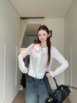 时尚新款压褶设计收腰拉链衬衣细条纹娃娃领百搭白色衬衫A1551#每日分享 #今日分享 #ootd穿搭 #爆款热卖中#时尚穿搭