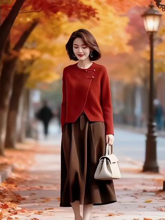设计感不规则新中式盘扣针织衫上衣女2025春秋新款气质半身裙套装