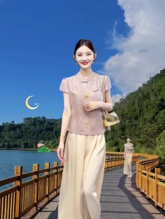 #夏季新款 时尚新中式两件套,刺绣上衣阔腿裤套装,气质优雅,大气有档次#新中式两件套#精致优雅 #显高显廋显腿长 #阔腿裤
