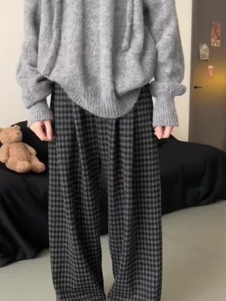 鑫鑫同学格子阔腿裤女2025新款高腰宽松百搭显瘦休闲长裤秋冬穿搭#阔腿裤#修身#显瘦#休闲#宽松