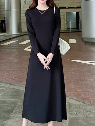 老钱风女装2025年新款韩版时尚休闲显瘦长款打底裙短袖黑色连衣裙@抖音小助手 @DOU+上热门