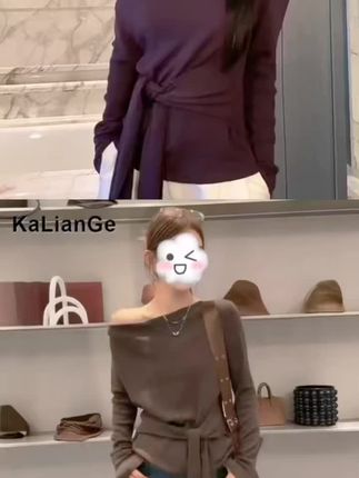 卡莲格/不规则斜肩绑带长袖T恤女早秋新款修身显瘦内搭打底衫上衣#上衣#衣服#内搭#打底#不规则