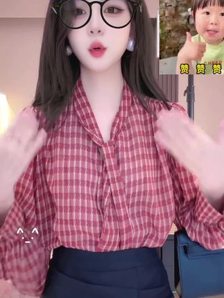 复古格纹蝴蝶结飘带长袖衬衫新款宽松显瘦上衣#女装 #爱了爱了 #今日穿搭 #强烈推荐 #优雅气质
