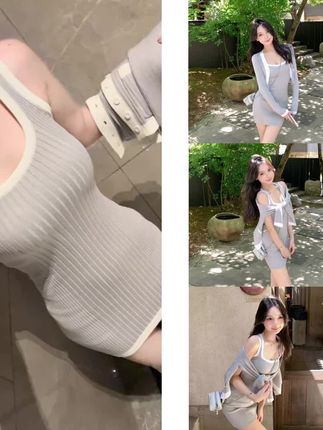 纯欲小香风气质套装女秋性感高级感吊带连衣裙长袖针织开衫两件套#纯欲风 #小香风 #气质穿搭 #性感 #高级感穿搭