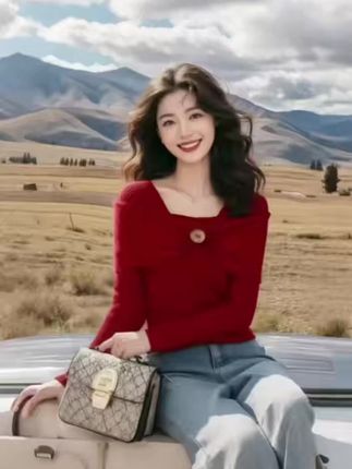 秋季长袖法式针织套头款红色修身方领长袖设计感毛针织衫时尚百搭#时尚穿搭 #洋气减龄