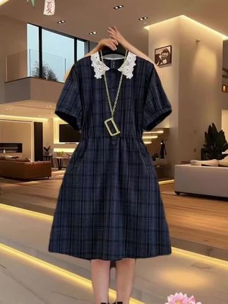 #遮肚子藏肉显瘦连衣裙 #时尚减龄蕾丝拼接娃娃领格子显瘦苹果型身材大码连衣裙!