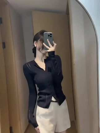 简约高级~设计感单排扣显瘦长袖针织衫2025秋季新款修身显瘦上衣#今日穿搭