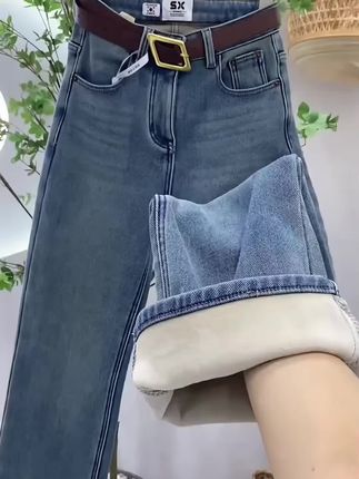 加绒窄版阔腿牛仔裤女款爆款2025秋冬新款高腰显瘦小个子直筒裤子