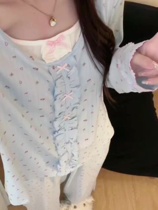 法式甜美碎花蝴蝶结宽松舒适睡衣女芭蕾风木耳花边早秋外穿居家服#甜美睡衣 #宽松睡衣套装 #睡衣穿搭 #外穿家居服 #家居服套装