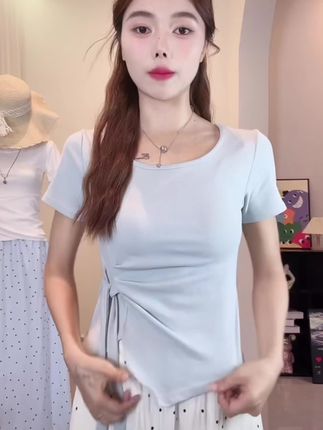 绑带正肩棉短袖t恤女2025不规则设计高级感百搭显瘦短款上衣潮