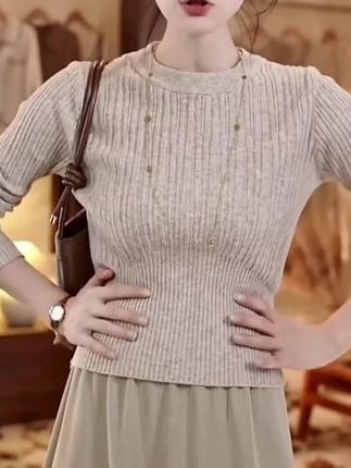 秋季韩系百搭网红修身显瘦圆领设计感手感软糯针织衫上衣