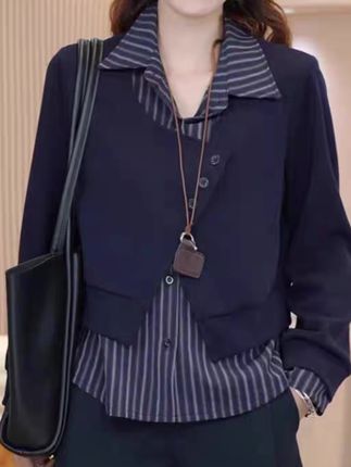 韩系拼接条纹衬衫女秋季新款时尚洋气长袖衬衣假两件宽松减龄上衣#优雅气质