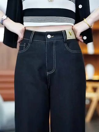 2025秋款窄版直筒牛仔裤女丹宁蓝新款高腰显瘦外穿休闲垂感阔腿裤