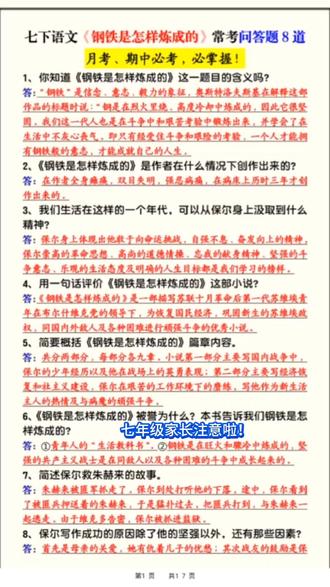 2026年七年级下册语文钢铁是怎样炼成的高频考点共17页#七年级下册语文 #钢铁是怎样炼成的 #七年级语文 #七年级下册