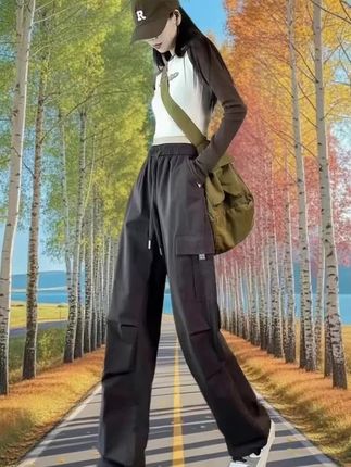 新款高腰工装裤女2025秋季新款宽松直筒阔腿裤束脚休闲美式运动裤#工装裤穿搭 #休闲裤 #工装裤穿搭 #出街穿搭 #户外服装