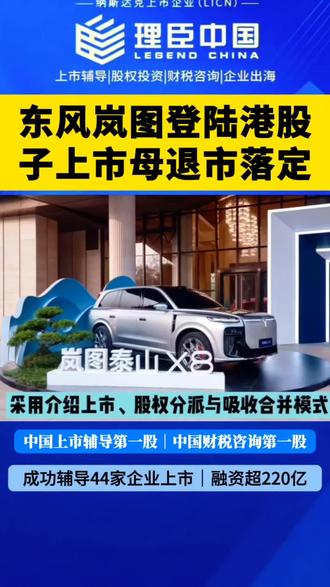 3月19日,岚图汽车正式登陆港交所,采用介绍上市、股权分派与吸收合并模式,成为港股市场央国企高端新能源第一股;与此同时,东风集团完成私有化退市,形成“子上市、母退市”的资本布局。岚图汽车作为东风旗下高端新能源品牌,2025年实现营收348.6亿元、净利润10.2亿元。此次案例为国企分拆上市提供了重要参考,企业在分拆过程中需做好股权划转的合规备案,明晰资产与权益归属,在私有化环节保障中小股东权益,确保财务数据精准披露,符合港股上市监管要求#东风#岚图#上市辅导#港股#融资 @DOU+小助手