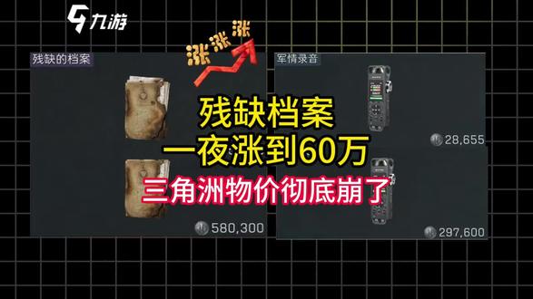 残缺档案一夜涨到60万,三角洲物价崩了。一夜暴涨30倍!#三角洲行动 #三角洲物价 #三角洲豪到你了 #玩手游上九游 #三角洲s9回声新赛季
