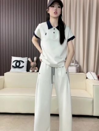 1548时尚短袖POLO领上衣+直筒裤两件套2025夏减龄洋气休闲套装女#时尚穿搭 #两件套 #洋气减龄 #简约大气 #夏季新款