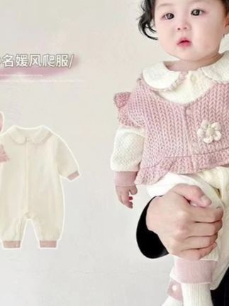 婴幼儿春秋粉色马甲两件套连体衣春季婴儿女宝公主服#宝宝衣服 #婴幼儿服饰 #套装#两件套