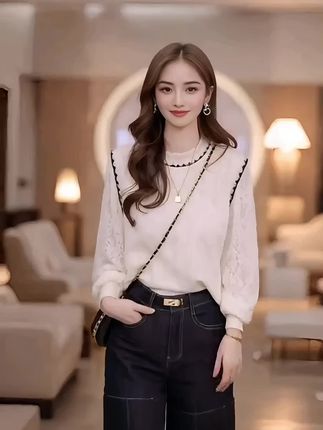 新款圆领蕾丝拼接软糯小衫#女装穿搭 #时尚气质穿搭 #好身材好气质 #减龄显瘦穿搭 #春秋穿搭