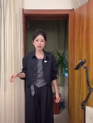 【三件套】老钱风格子牛仔吊带外套女2025秋款新款慵懒休闲裤三件套
