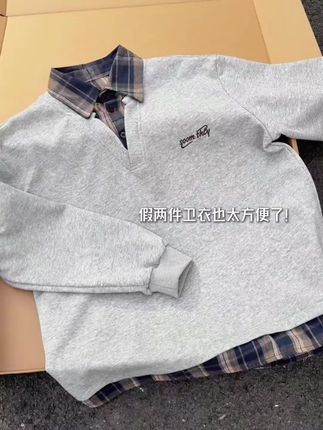 格子拼接假两件衬衫领卫衣男秋季叠穿内搭长袖t恤学院风情侣外套#长袖t恤 #学院风穿搭