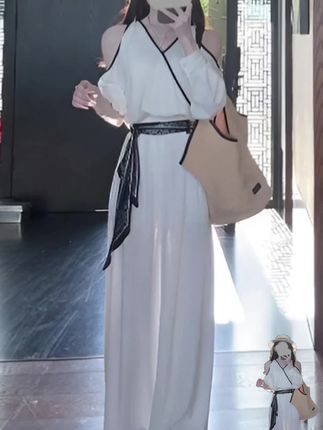 2025超火穿搭一整套女夏老钱风百搭露肩长袖上衣阔腿拖地裤两件套#爆款热卖中 #好物推荐🔥 #抖音小助手#夏季新款女装#大数据推荐给有需要的人