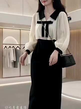 #大码女装#早秋法式气质风衬衫娃娃领连衣裙#蝴蝶结设计显瘦假两件连衣裙子#春秋穿搭 #显瘦穿搭