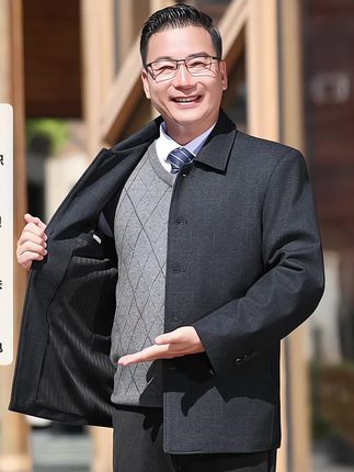 #【中老年男士夹克外套秋季休闲商务毛呢纽扣翻领上衣爸爸装春秋男装】
