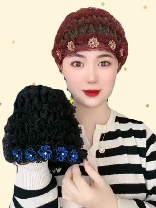 四季蕾丝花边妈妈白发光头帽子 #遮白发帽子 #化疗光头帽 #头发稀少遮盖白发 #碎发整理神器