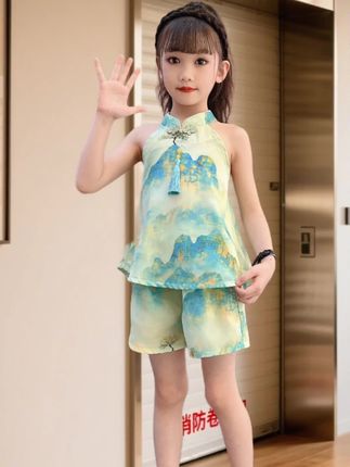 女童夏季挂脖雪纺套 装洋气新中式清凉夏装2025新款童装两件套无袖#谁穿谁好看系列 #高品质童装 #夏款上新