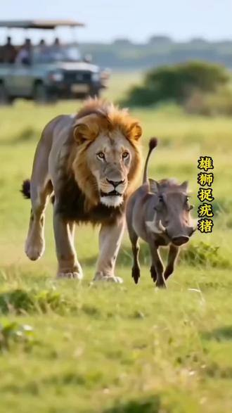 雄狮轻松的捉住一头疣猪 #动物世界