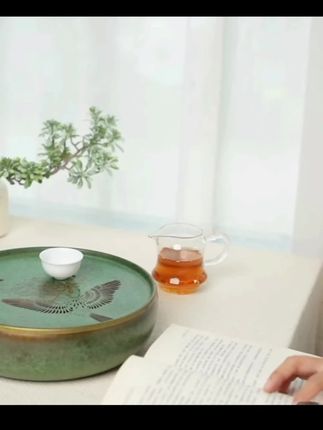 古歌元作《寒雀》圆形纯铜储水便携茶盘茶具茶洗干泡盘湿泡台家用#黄铜茶盘