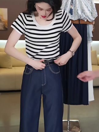 【夏季新款】天 丝牛仔裤设计师款高腰显瘦窄版阔腿裤,#牛仔裤#高腰显瘦#阔腿裤#女装
