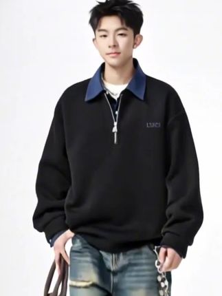 春秋季假两件POLO衫半拉链卫衣男款潮牌宽松百搭休闲上衣#时尚穿搭 #男士长袖polo衫 @DOU+小助手