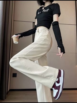 米白色牛仔裤女春秋季2025年新款宽松显瘦小个子窄版直筒阔腿裤子#时尚百搭休闲裤 #阔腿裤穿搭 #显瘦 #显瘦穿搭 #牛仔裤